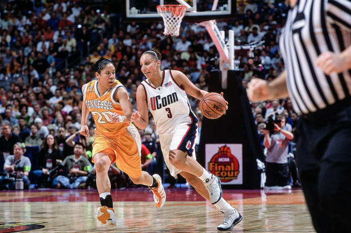 Tennessee's Kara Lawson (20) in action against UConn's Diana Taurasi(3) in first half action of a semifinal at the 2002 NCAA Women's Final Four at the
Alamodome/San Antonio, TX., 03/29/02.